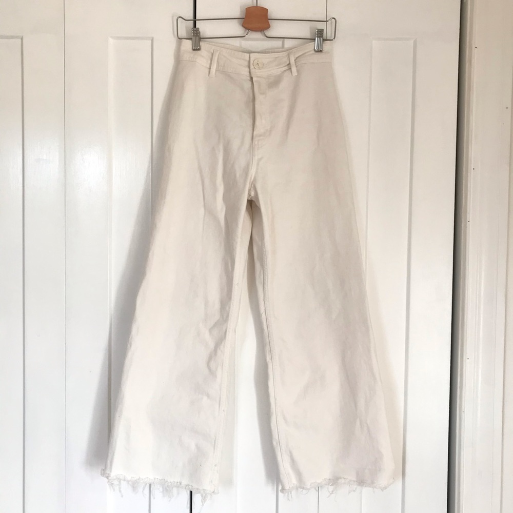 Zara Marine Straight Ecru Wide Leg Cotton Pants